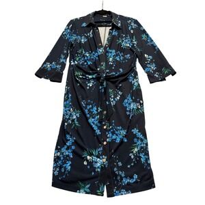 Tahari Dark Navy Floral Print Button Front Midi Shirt Dress Side Tie Women 8